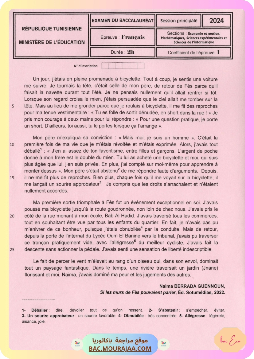 Sujet principale francais Bac 2024 – Section eco